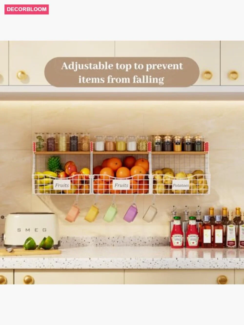 3 Tier Hanging Fruit Basket Stackable with Wood Lid, Kitchen Storage